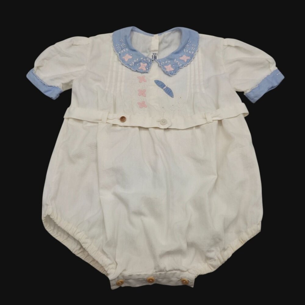 1950s Madeira Baby Romper Hand Made Portugal Embroidered Collar 12 Mo Girls
